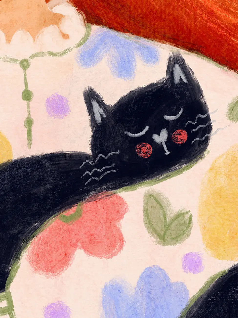 Detail of Illustration with black cat on a soft floral background