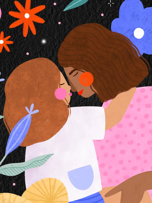 Art print detail: a colorful, textured digital illustration of a mother and child sharing an embrace, set against a dark starry night sky with whimsical flowers.