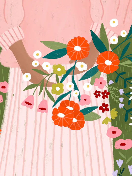 Poster detail: hands holding orange-red, white and pink flowers against a pink striped skirt