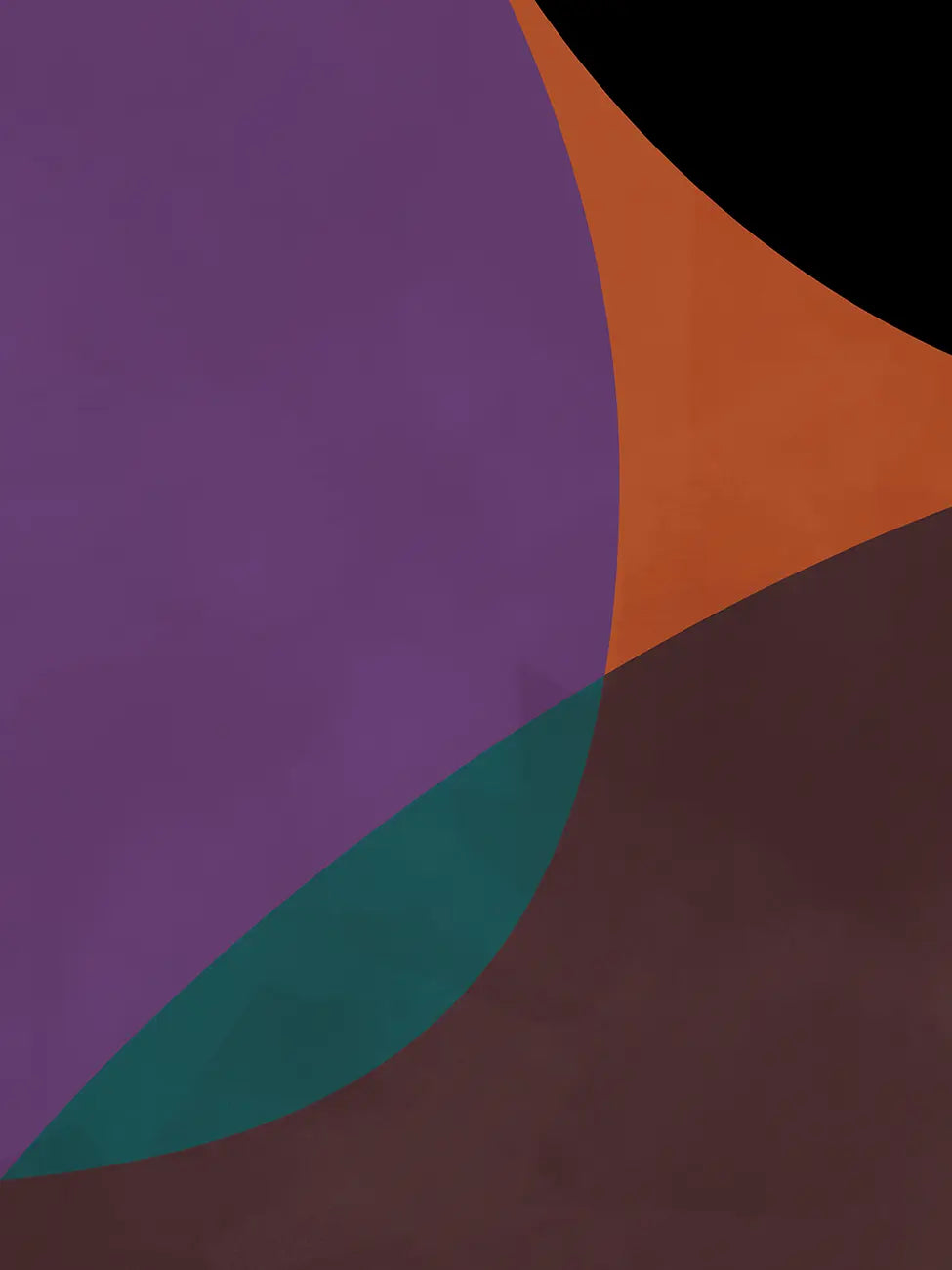 Detail of Terracotta Circles poster showing purple arc, teal layer and dark brown base with soft painted texture