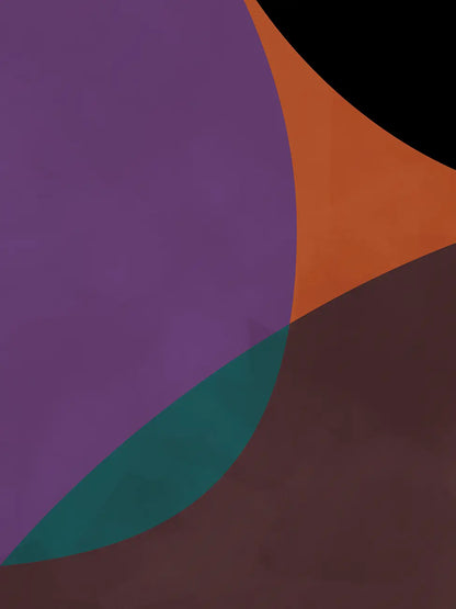 Detail of Terracotta Circles poster showing purple arc, teal layer and dark brown base with soft painted texture
