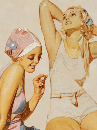 Close-up of an art print with two young women in swimsuits at the beach, one smiling with chocolate in hand, one lifting her face to the sun. Study fragments by Leyendecker in a new composition by Art Punch.