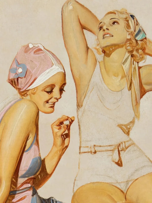 Close-up of an art print with two young women in swimsuits at the beach, one smiling with chocolate in hand, one lifting her face to the sun. Study fragments by Leyendecker in a new composition by Art Punch.