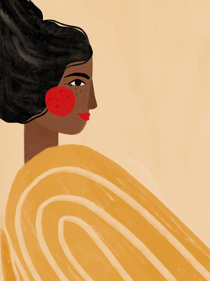Art print detail: a woman’s face in profile with black hair, freckles and a red circle on the cheek. The figure wears wide striped garment on a sand background.