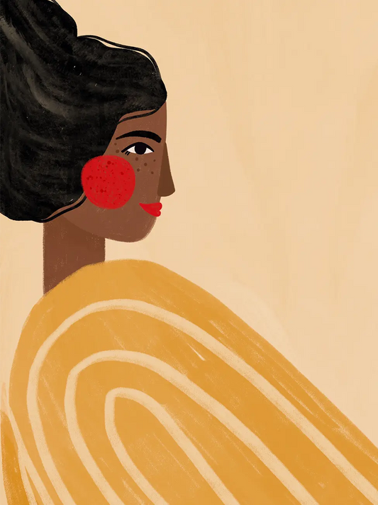 Art print detail: a woman’s face in profile with black hair, freckles and a red circle on the cheek. The figure wears wide striped garment on a sand background.
